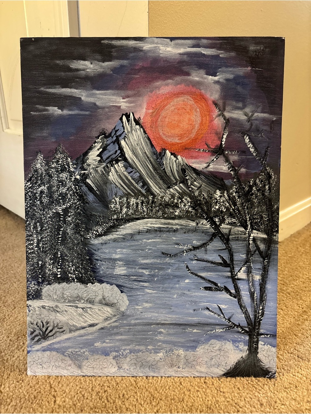 Original Winter Landscape Painting with Orange Sun